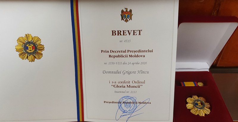 Order of Work Glory — Presidential Award conferred to Grigore Hincu by the President of the Republic of Moldova